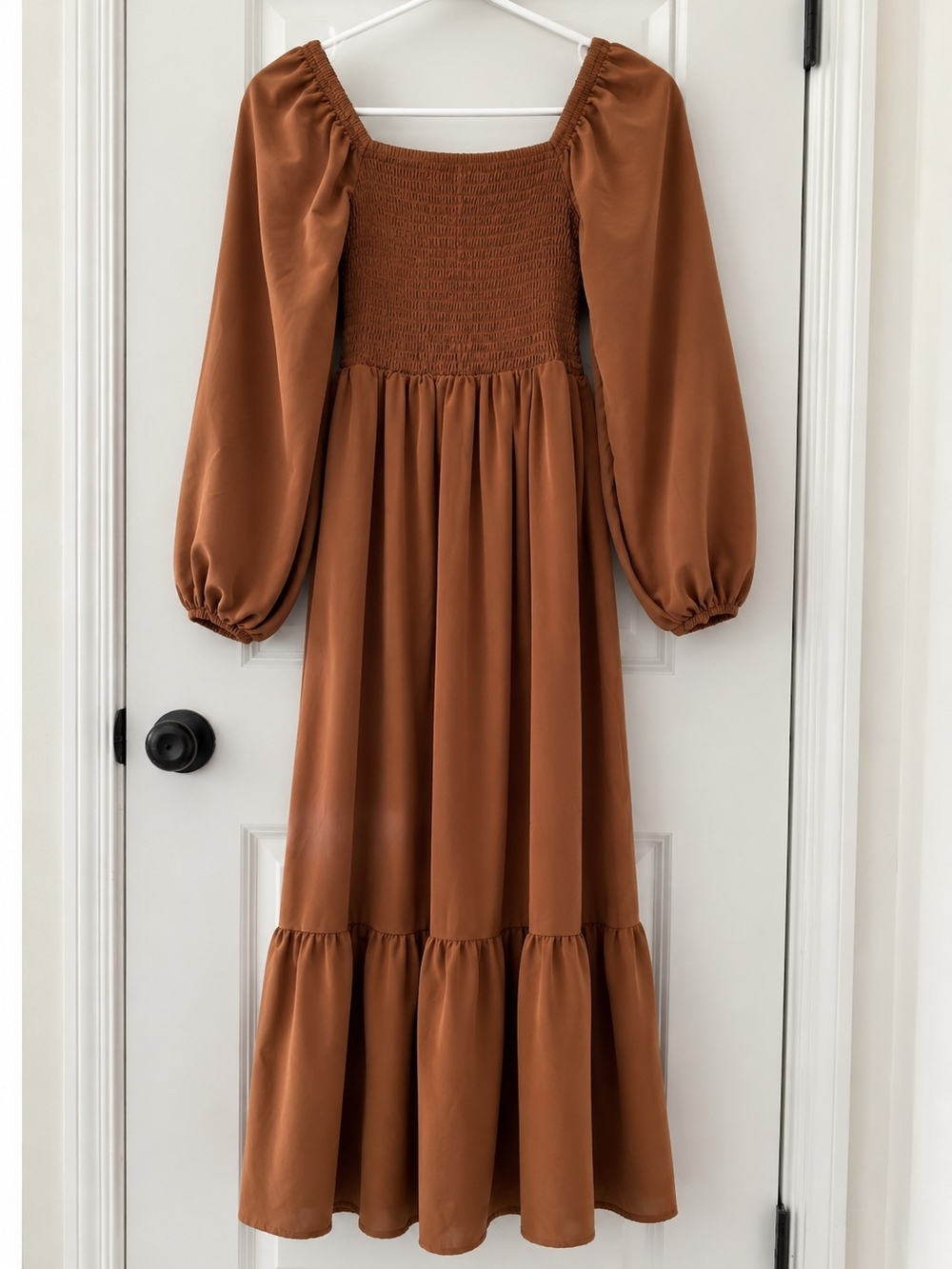 Smocked Midi Dress in Rust Brown